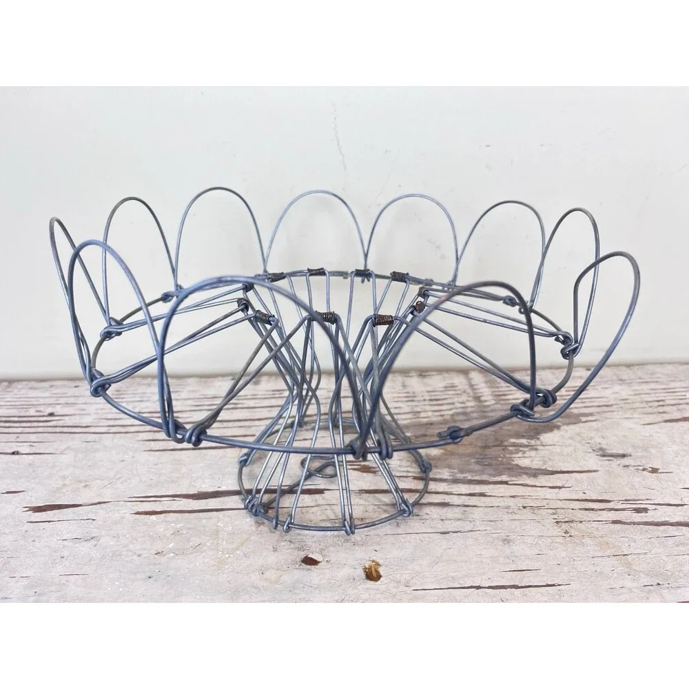Vintage French Pedestal Folding Wire Egg Basket / Serving Stand Rustic Cottage